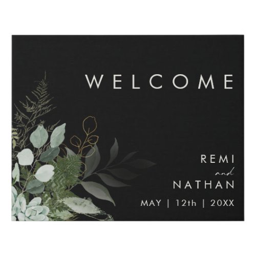 Greenery and Gold Leaf  Black Welcome Faux Canvas