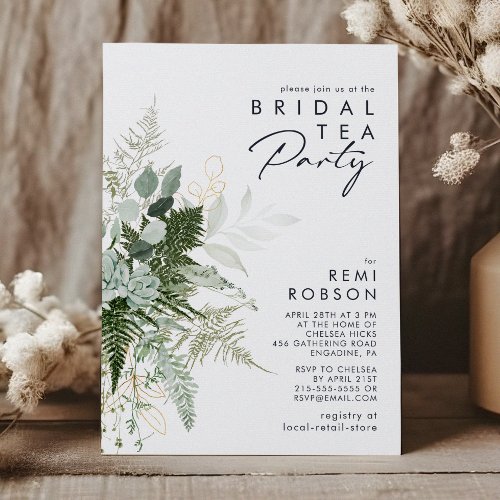 Greenery and Gold Leaf Bridal Tea Party Invitation