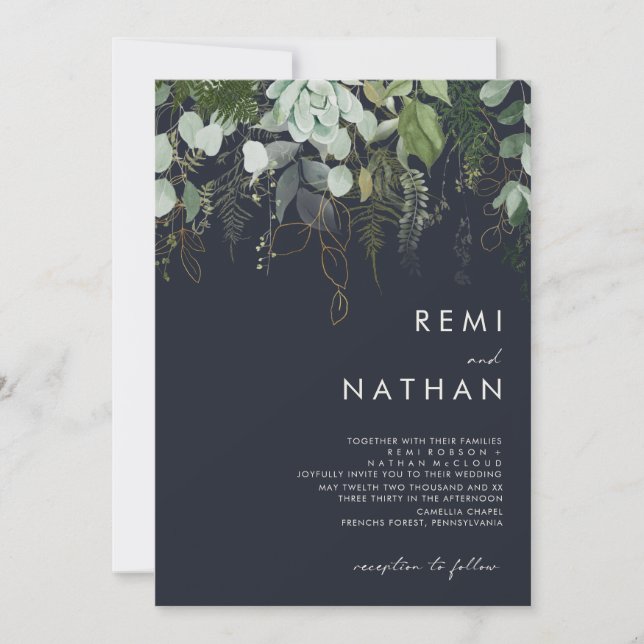 Greenery and Gold Leaf | Dark Navy All In One Invitation (Front)