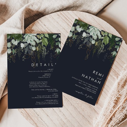 Greenery and Gold Leaf  Dark Navy All In One Invitation