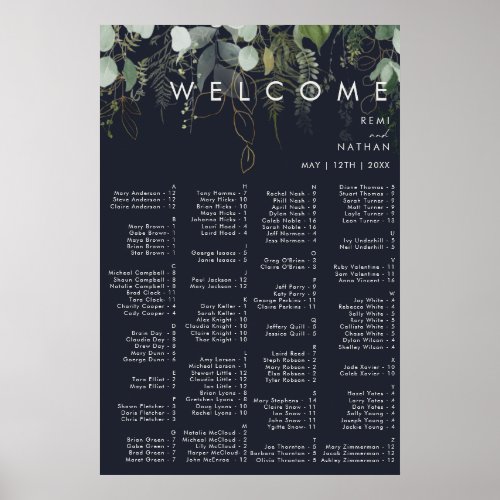 Greenery and Gold Leaf  Dark Navy Alphabetical Poster