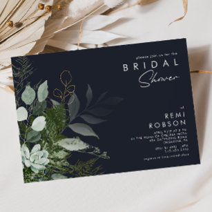 Greenery and Gold Leaf   Dark Navy Bridal Shower Invitation