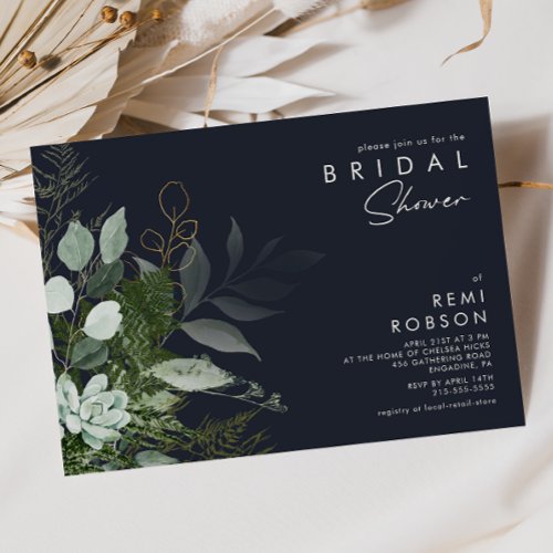 Greenery and Gold Leaf  Dark Navy Bridal Shower Invitation