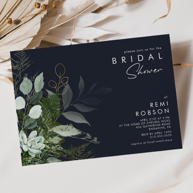 Greenery and Gold Leaf | Dark Navy Bridal Shower Invitation (Creator Uploaded)