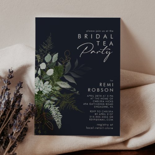 Greenery and Gold Leaf Dark Navy Bridal Tea Party Invitation
