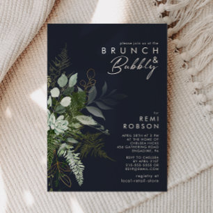 Greenery and Gold Leaf Dark Navy Brunch and Bubbly Invitation