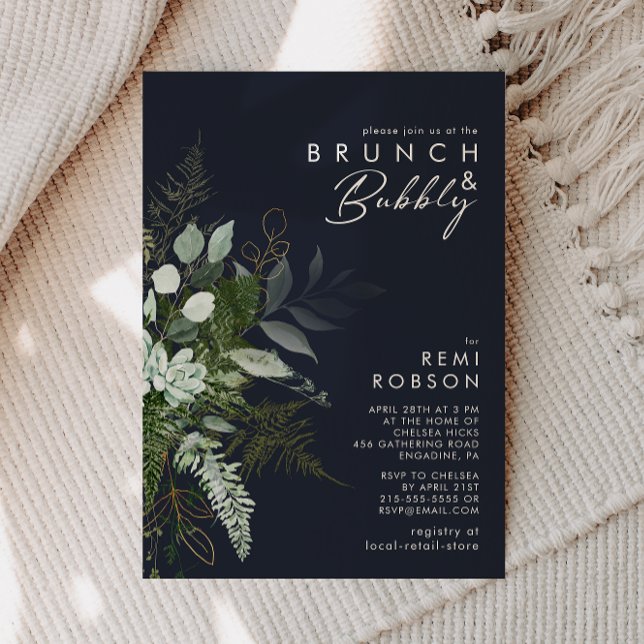 Greenery and Gold Leaf Dark Navy Brunch and Bubbly Invitation (Creator Uploaded)