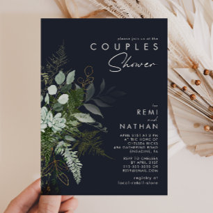 Greenery and Gold Leaf Dark Navy Couples Shower Invitation