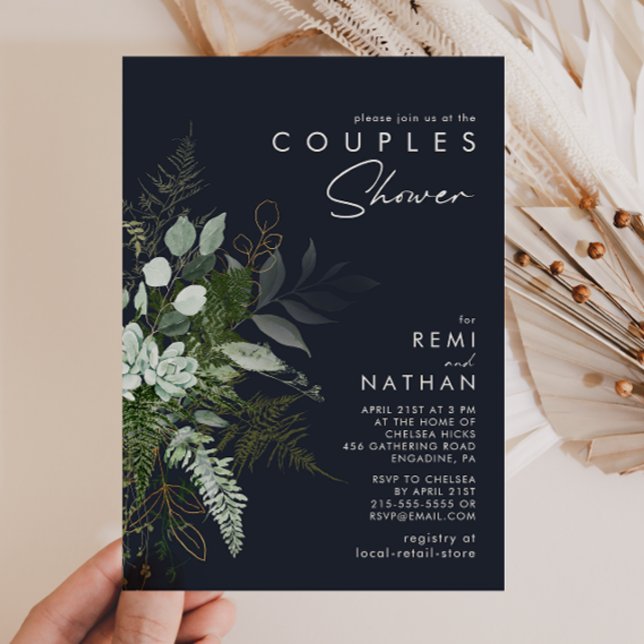 Greenery and Gold Leaf | Dark Navy Couples Shower Invitation (Creator Uploaded)