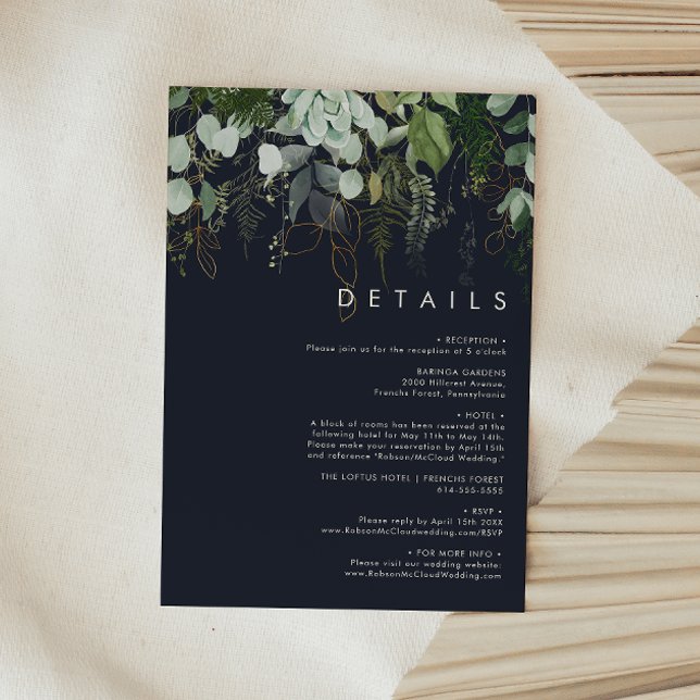 Greenery and Gold Leaf | Dark Navy Details Enclosure Card (Creator Uploaded)