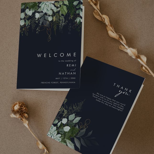 Greenery and Gold Leaf | Dark Navy Folded Wedding Program (Creator Uploaded)