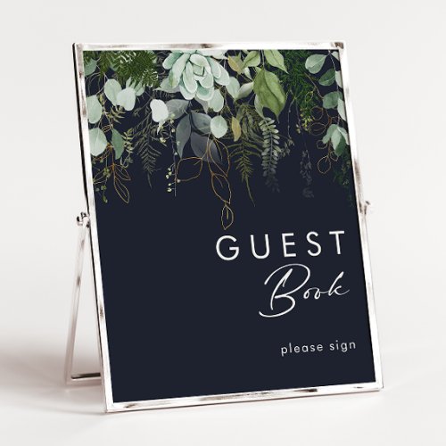 Greenery and Gold Leaf  Dark Navy Guest Book Sign