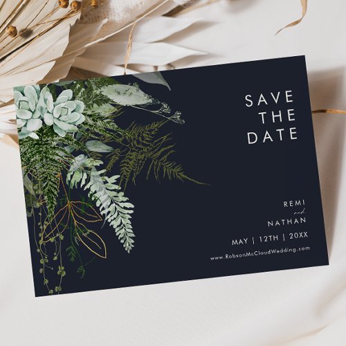 Greenery and Gold Leaf  Dark Navy Horizontal  Save The Date