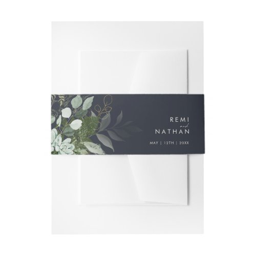 Greenery and Gold Leaf  Dark Navy Invitation Belly Band