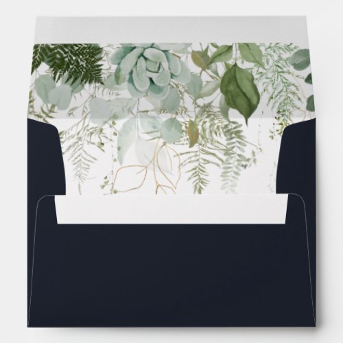 Greenery and Gold Leaf  Dark Navy Invitation Envelope