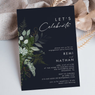 Greenery and Gold Leaf Dark Navy Let's Celebrate Invitation
