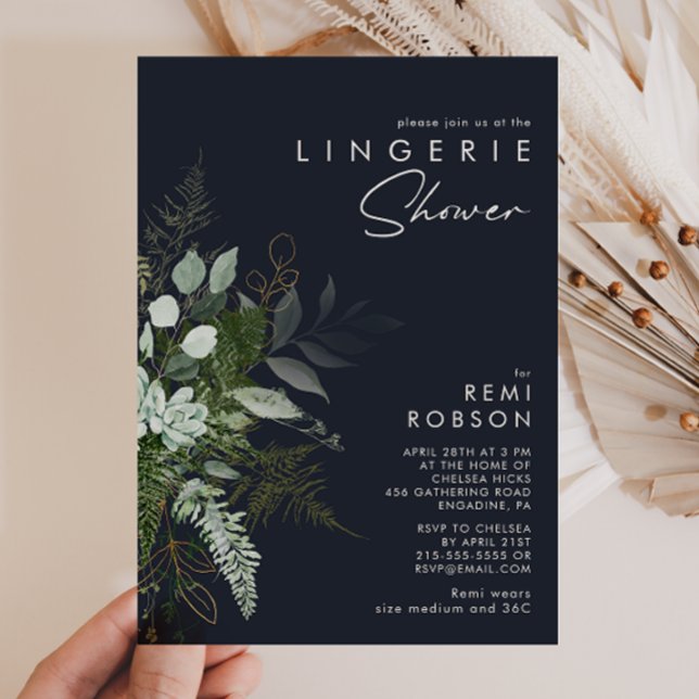 Greenery and Gold Leaf | Dark Navy Lingerie Shower Invitation (Creator Uploaded)