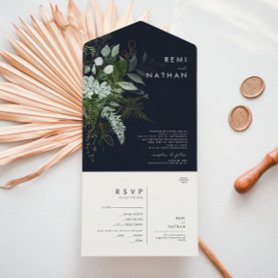 Greenery and Gold Leaf Dark Navy Seal And Send A All In One Invitation