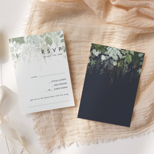 Greenery and Gold Leaf  Dark Navy Song Request RSVP Card