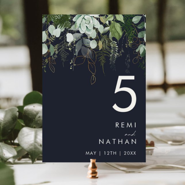 Greenery and Gold Leaf | Dark Navy Table Number (Creator Uploaded)