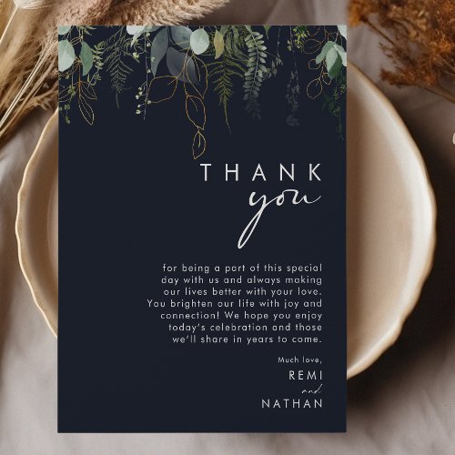 Greenery and Gold Leaf  Dark Navy Thank You Card