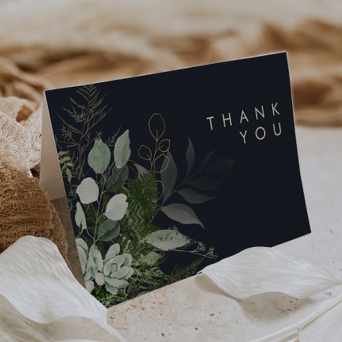 Greenery and Gold Leaf  Dark Navy Thank You Card