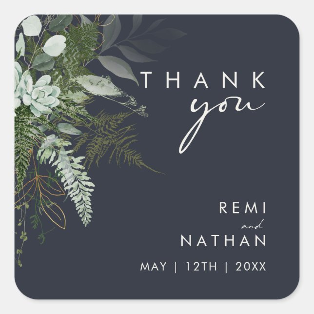 Greenery and Gold Leaf Dark Navy Thank You Sticker (Front)