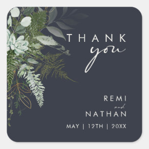Greenery and Gold Leaf Dark Navy Thank You Sticker