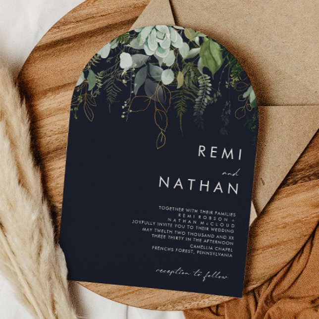 Greenery and Gold Leaf | Dark Navy Wedding Arch Invitation (Creator Uploaded)