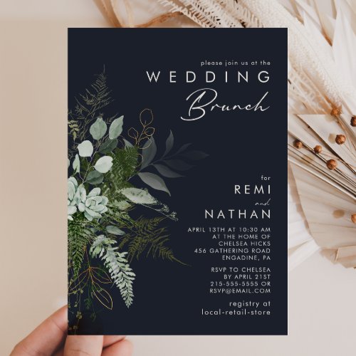 Greenery and Gold Leaf  Dark Navy Wedding Brunch Invitation