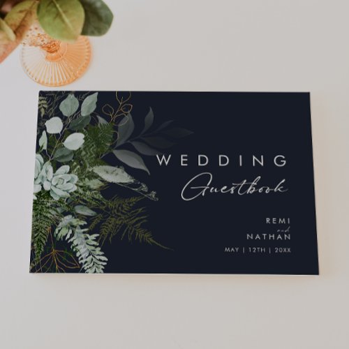 Greenery and Gold Leaf  Dark Navy Wedding Guest Book