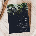 Greenery and Gold Leaf | Dark Navy Wedding Invitation<br><div class="desc">We designed this Greenery and Gold Leaf | Dark Navy wedding invitation to complete your simple yet elegant boho wedding. It features modern green and white eucalyptus leaf, fern foliage, a succulent flower, and minimal gold foil leaves. These elements give the feel of a whimsical watercolor enchanted forest, perfect for...</div>