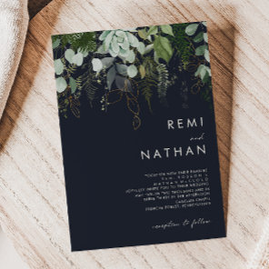 Greenery and Gold Leaf | Dark Navy Wedding Invitation