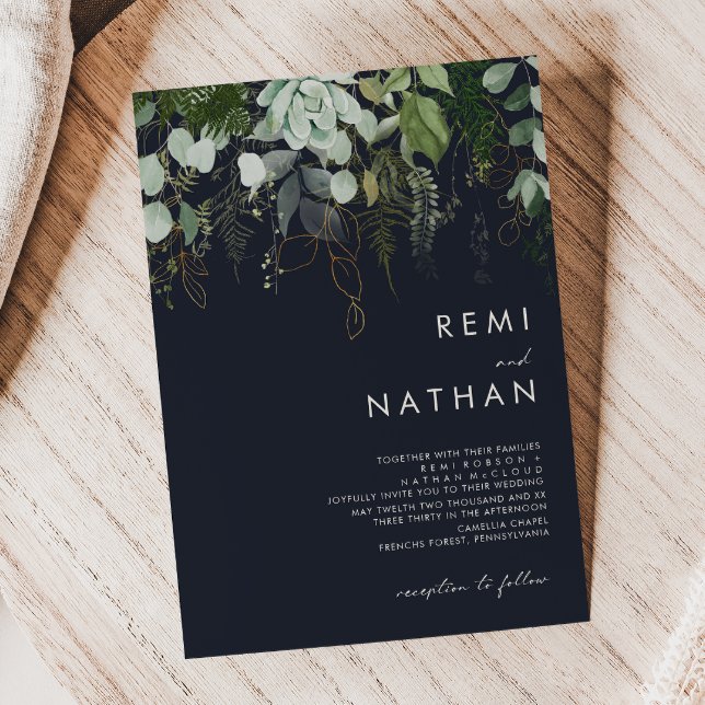 Greenery and Gold Leaf | Dark Navy Wedding Invitation