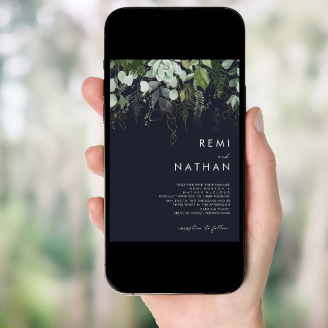 Greenery and Gold Leaf | Dark Navy Wedding Invitation (Front Digital)