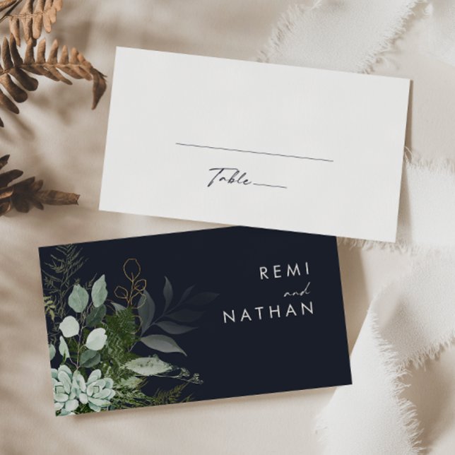 Greenery and Gold Leaf | Dark Navy Wedding Place Card (Creator Uploaded)