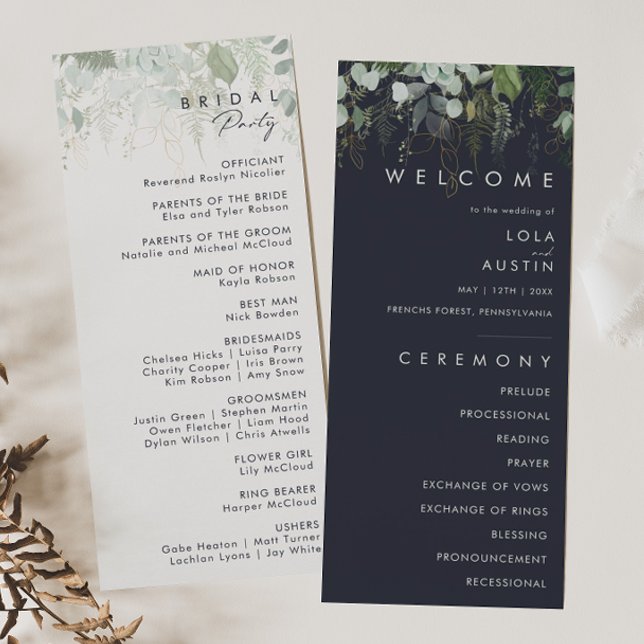 Greenery and Gold Leaf | Dark Navy Wedding Program (Creator Uploaded)