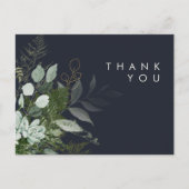 Greenery and Gold Leaf Dark Navy Wedding Thank You Postcard (Front)