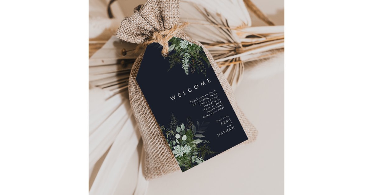 Greenery and Gold Leaf | Dark Navy Wedding Welcome Gift Tags | Zazzle