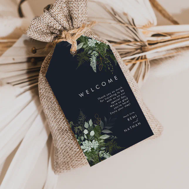 Greenery and Gold Leaf | Dark Navy Wedding Welcome Gift Tags | Zazzle