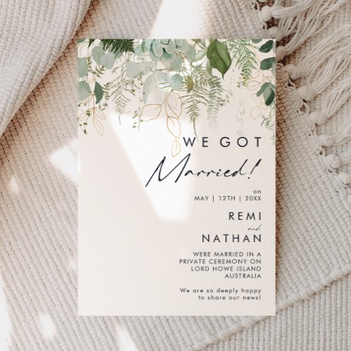 Greenery and Gold Leaf Elopement Announcement