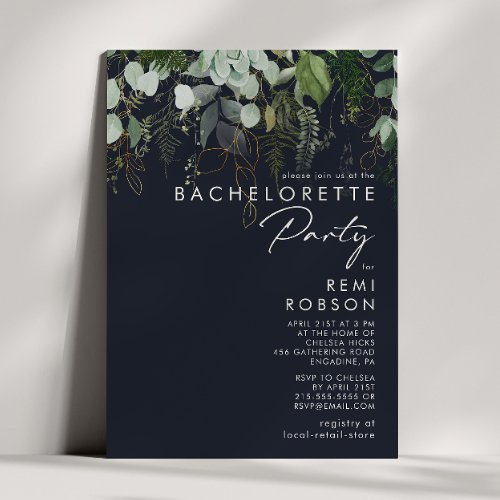 Greenery and Gold Leaf  Navy Bachelorette Party Invitation