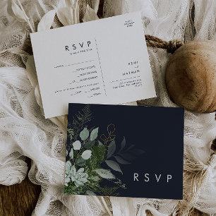 Greenery and Gold Leaf Navy Menu Choice RSVP Card