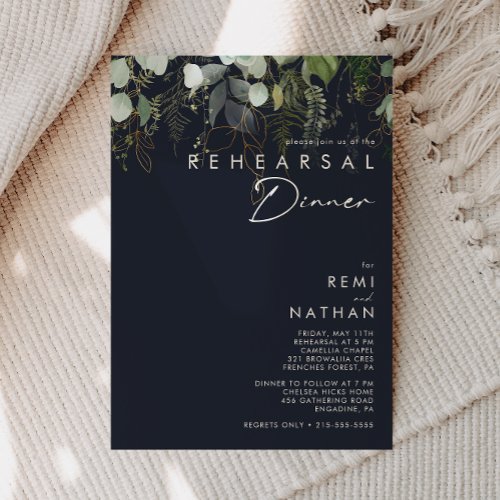 Greenery and Gold Leaf  Navy Rehearsal Dinner Invitation