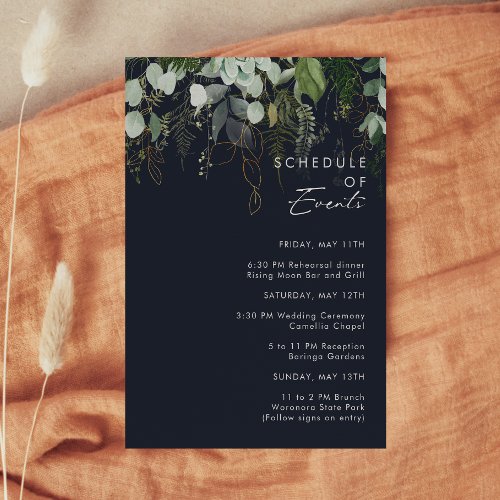 Greenery and Gold Leaf  Navy Schedule of Events Enclosure Card