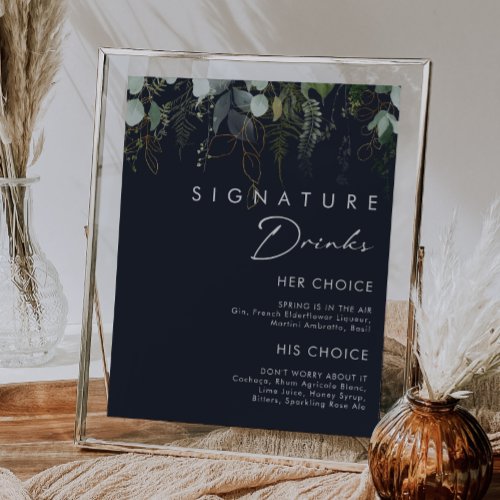 Greenery and Gold Leaf Navy Signature Drinks Sign