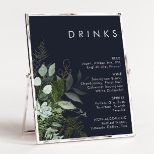 Greenery and Gold Leaf Navy Wedding Drinks Menu Poster
