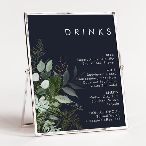 Greenery and Gold Leaf  Navy Wedding Drinks Menu Poster
