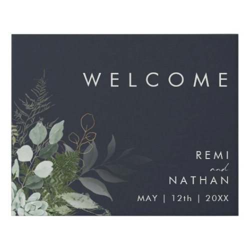 Greenery and Gold Leaf  Navy Welcome Faux Canvas