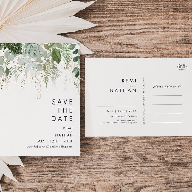 Greenery and Gold Leaf Save The Date Postcard (Creator Uploaded)